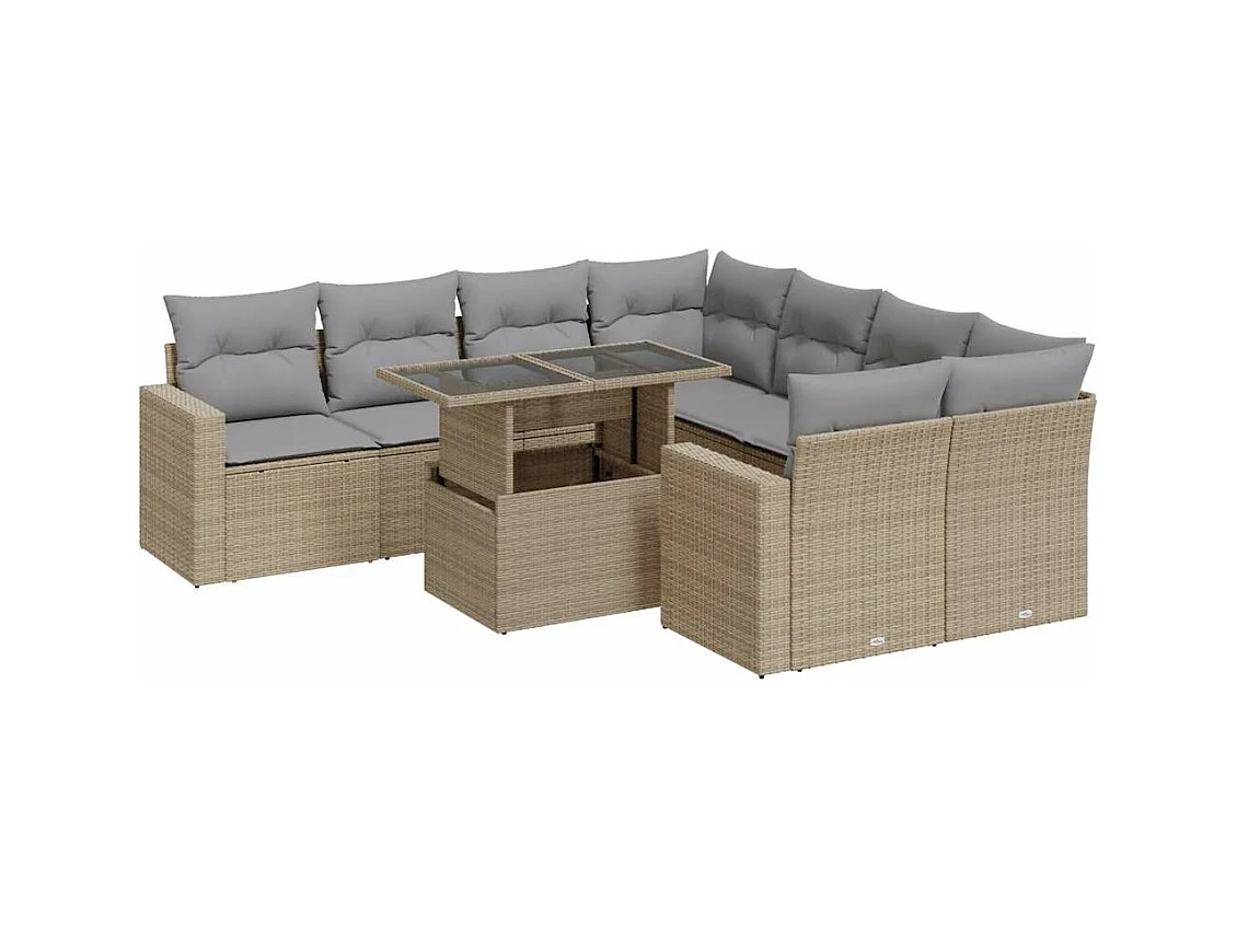Salon de jardin avec coussins 9 pièces beige résine tressée