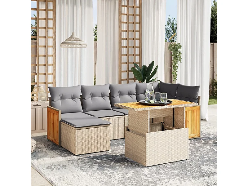 7 peças conjunto de sofás para jardim com almofadões vime PE bege