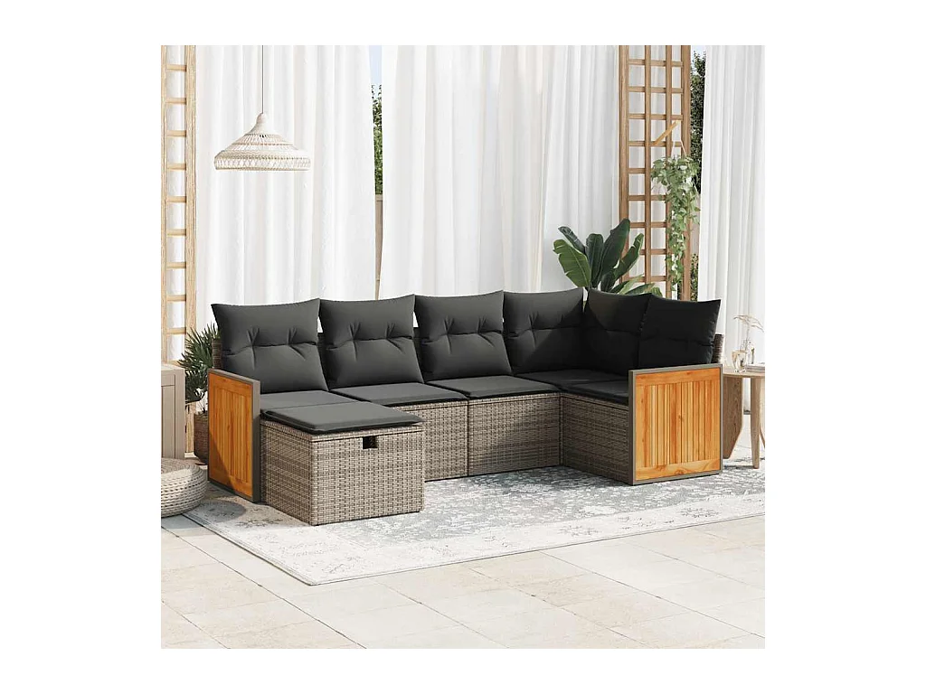 Salon de jardin 6 pièces avec coussins gris résine tressée