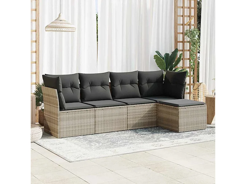 Salon de jardin 5 pièces avec coussins gris clair résine tressée