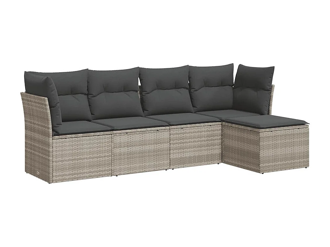 5-delige Loungeset met kussens poly rattan lichtgrijs