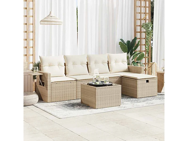 Salon de jardin avec coussins 6 pièces beige résine tressée