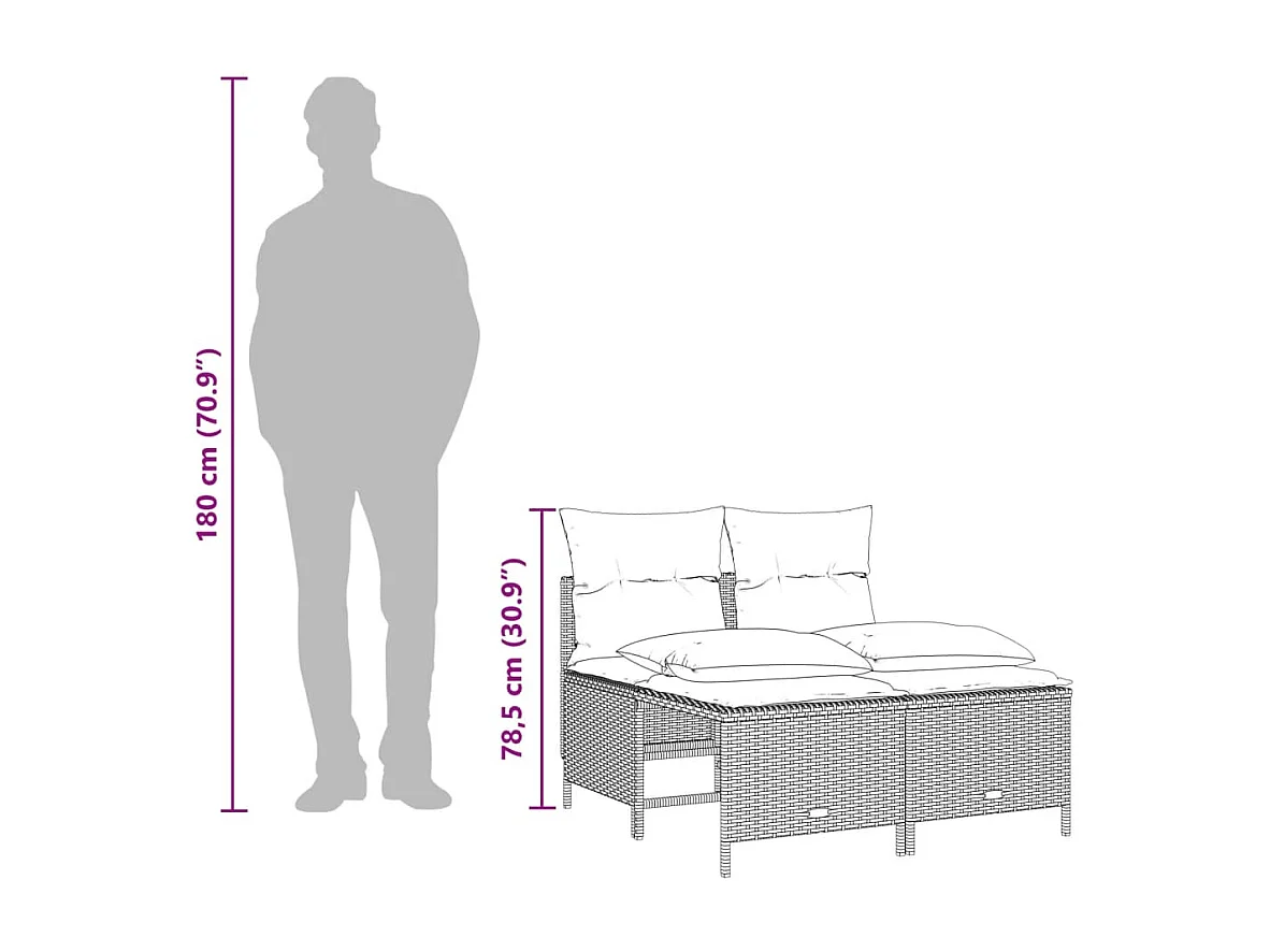 5 peças conj. sofás jardim com almofadões vime PE cinzento-claro