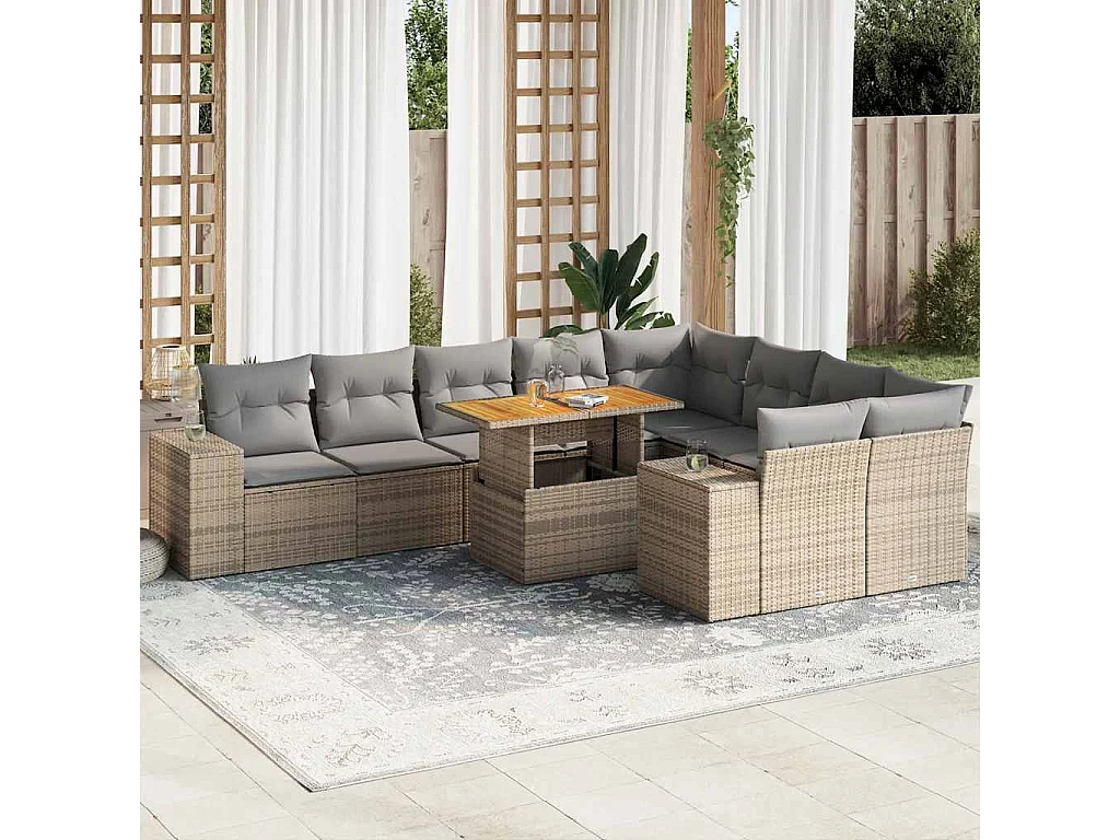 Salon de jardin avec coussins 10 pièces beige résine tressée acacia