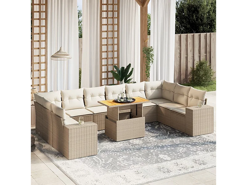 11 peças conjunto sofás de jardim com almofadões vime PE bege