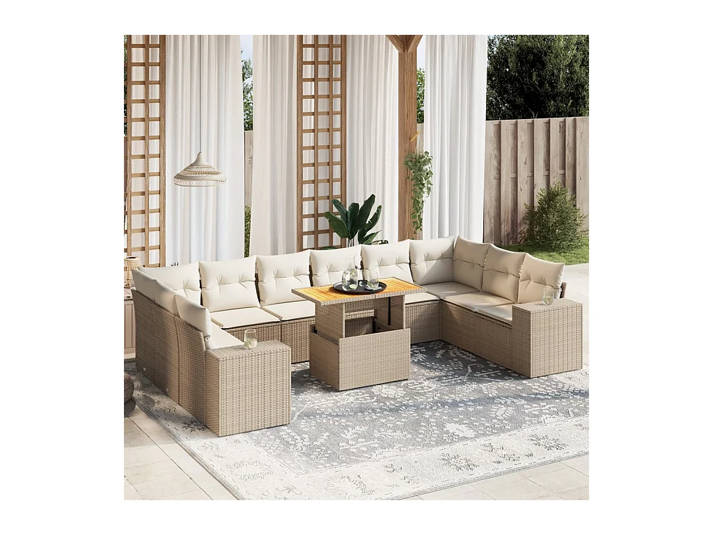 Salon de jardin 11 pièces avec coussins beige résine tressée