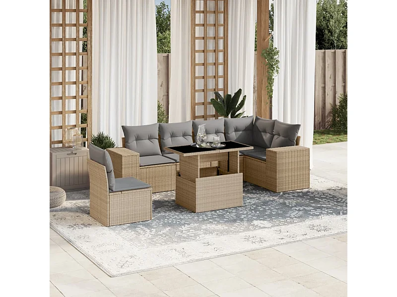 7-delige Loungeset met kussens poly rattan beige