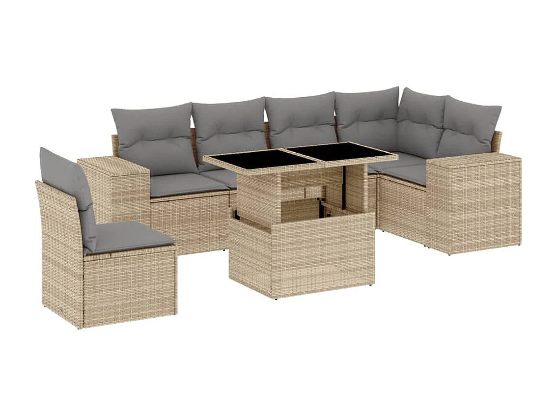 7-delige Loungeset met kussens poly rattan beige