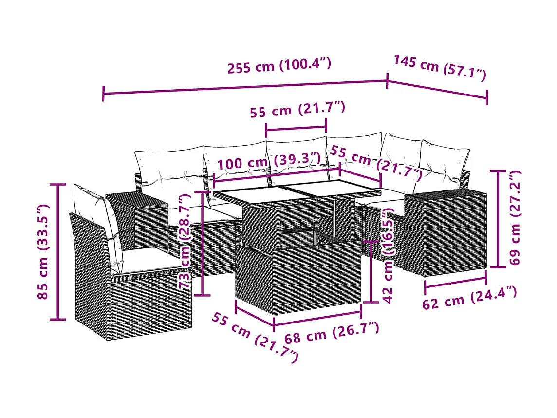 7-delige Loungeset met kussens poly rattan beige