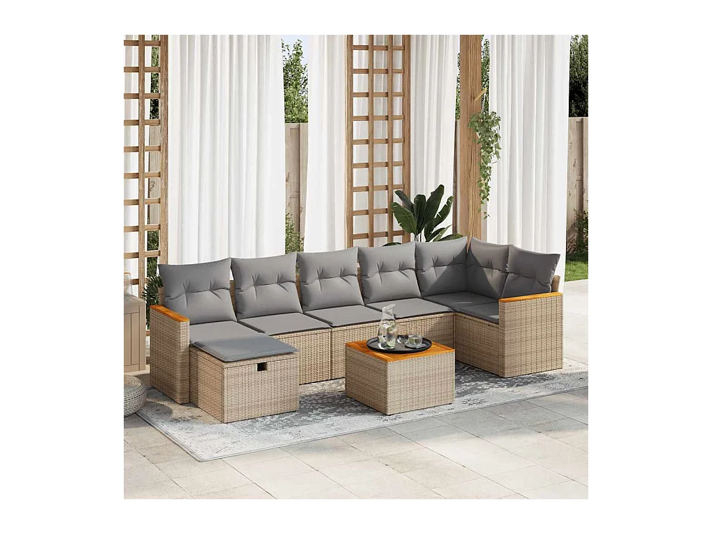 8 peças conjunto de sofás para jardim com almofadões vime PE bege