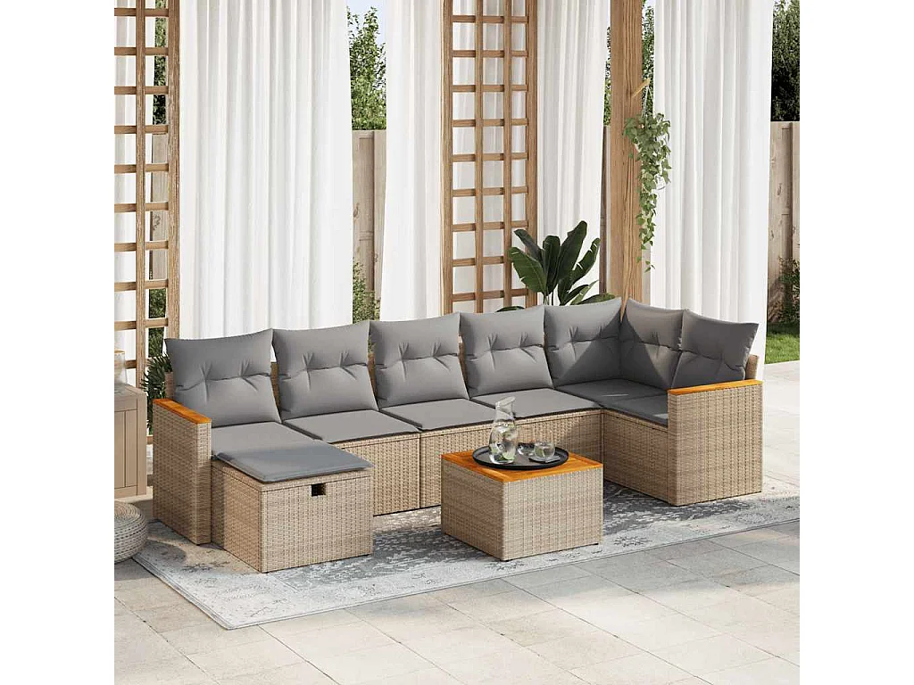 Salon de jardin avec coussins 8 pièces beige résine tressée