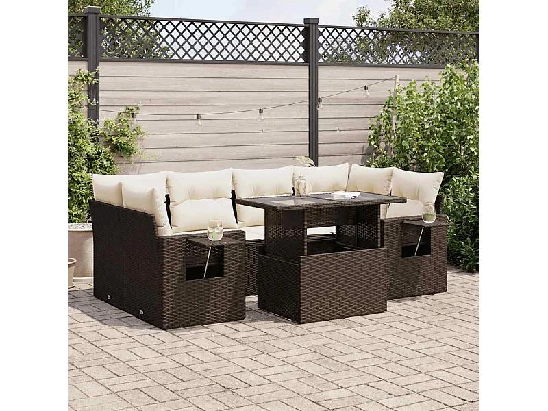 Salon de jardin avec coussins 7 pièces marron résine tressée