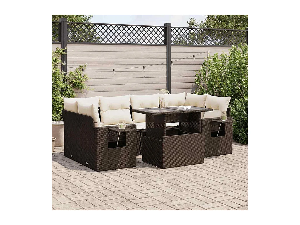 7-delige Loungeset met kussens poly rattan bruin