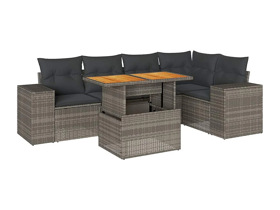 Set de muebles de jardín 6 piezas y cojines ratán sintético gris