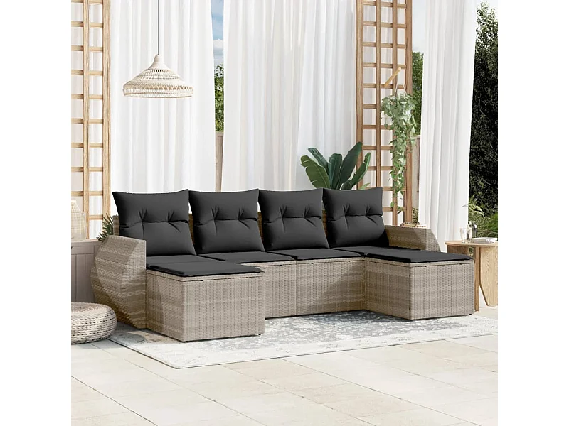 Salon de jardin 6 pièces avec coussins gris clair résine tressée