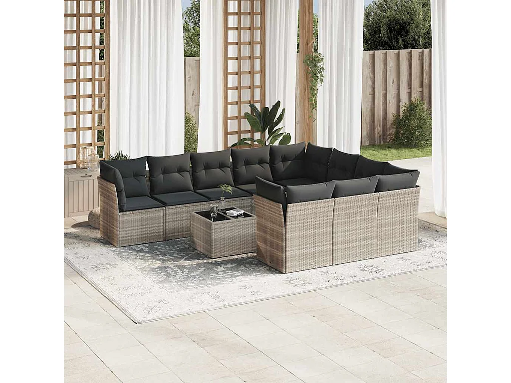 Salon de jardin 11 pièces avec coussins gris clair résine tressée