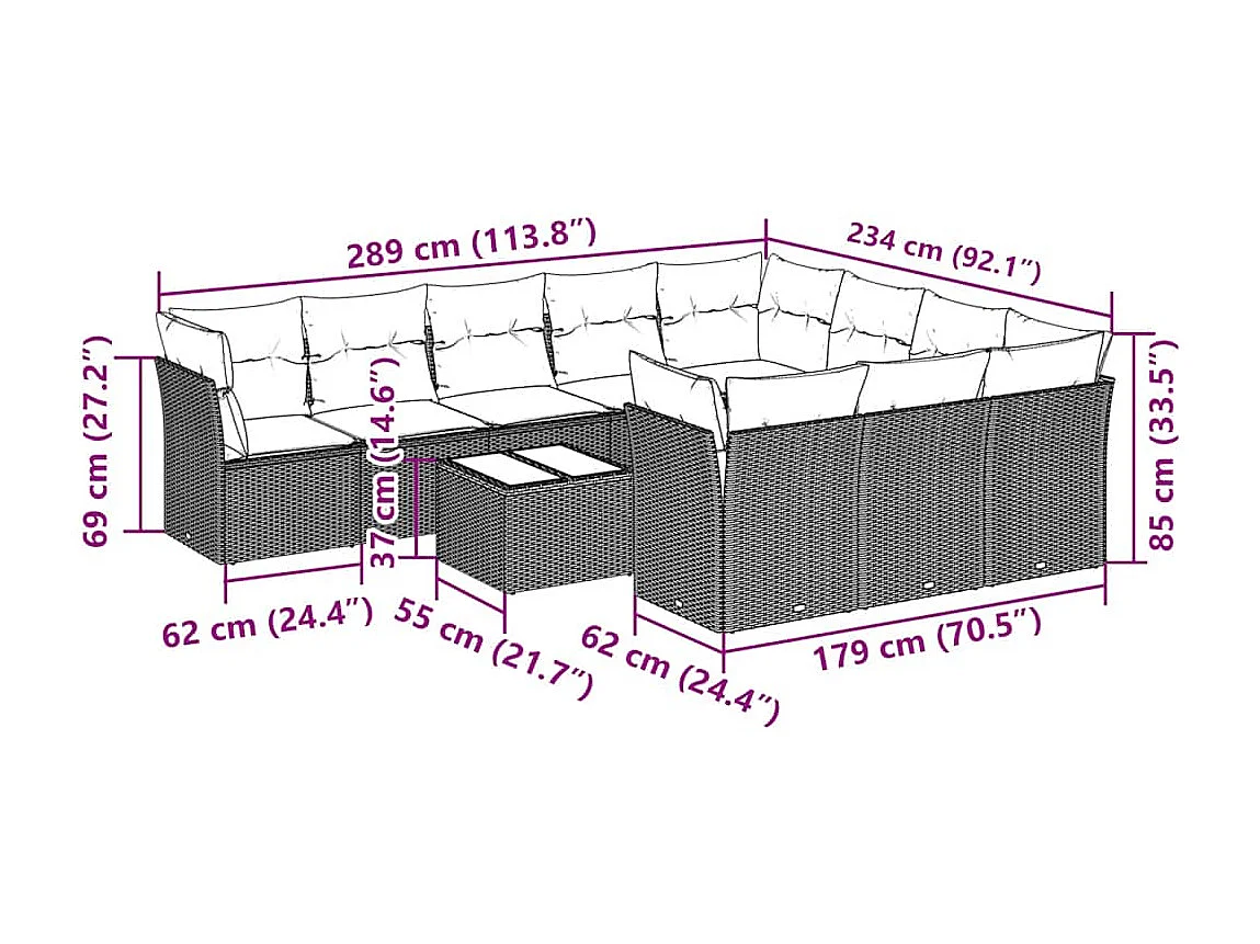 Salon de jardin 11 pièces avec coussins gris clair résine tressée