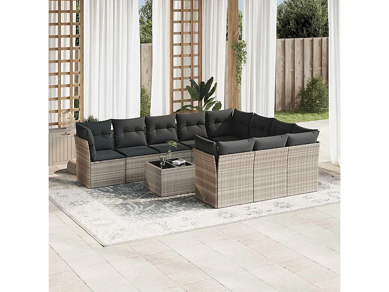 Salon de jardin 11 pièces avec coussins gris clair résine tressée