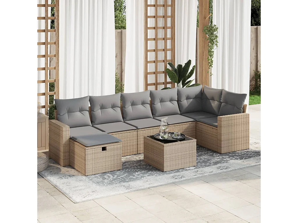 8-delige Loungeset met kussens poly rattan beige