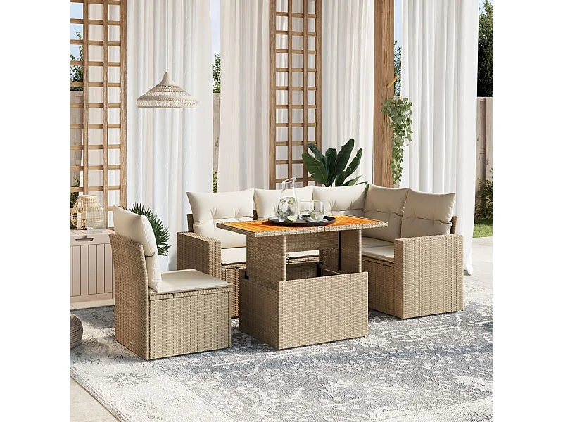 Salon de jardin avec coussins 6 pièces beige résine tressée