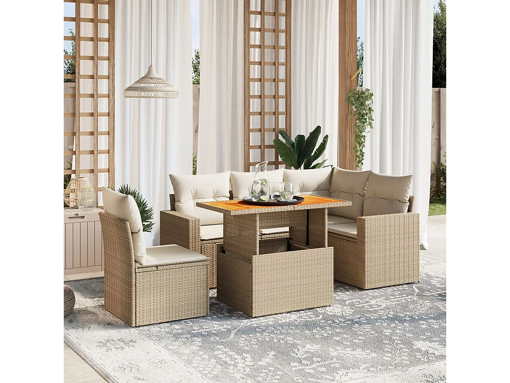 Salon de jardin avec coussins 6 pièces beige résine tressée