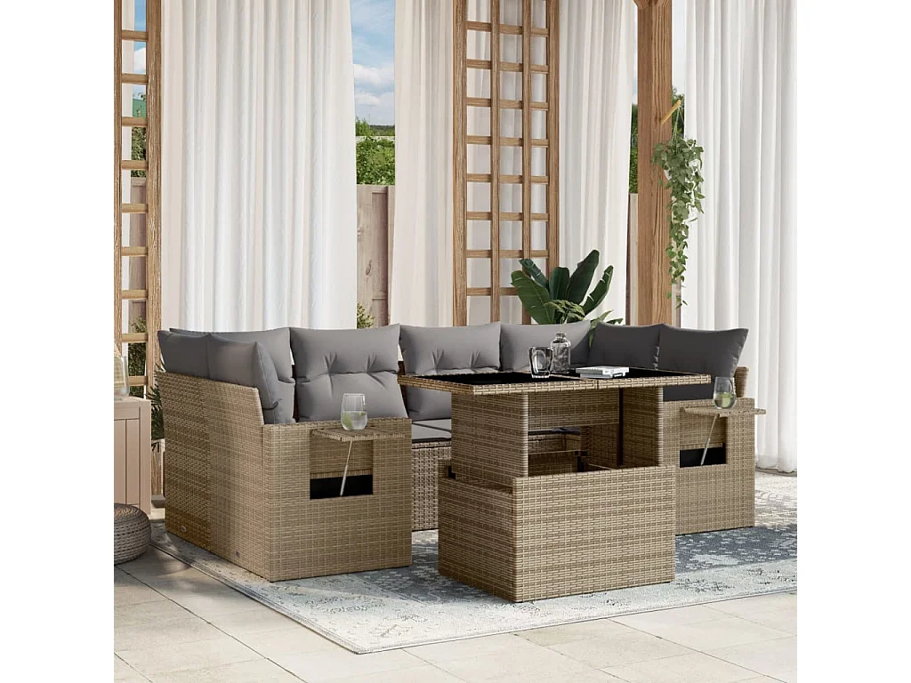 7-delige Loungeset met kussens poly rattan beige