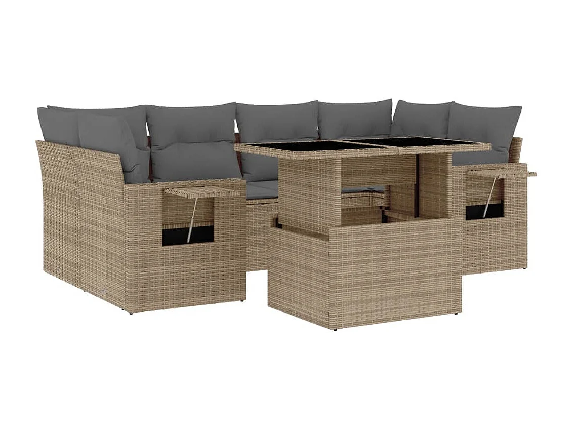 7-delige Loungeset met kussens poly rattan beige