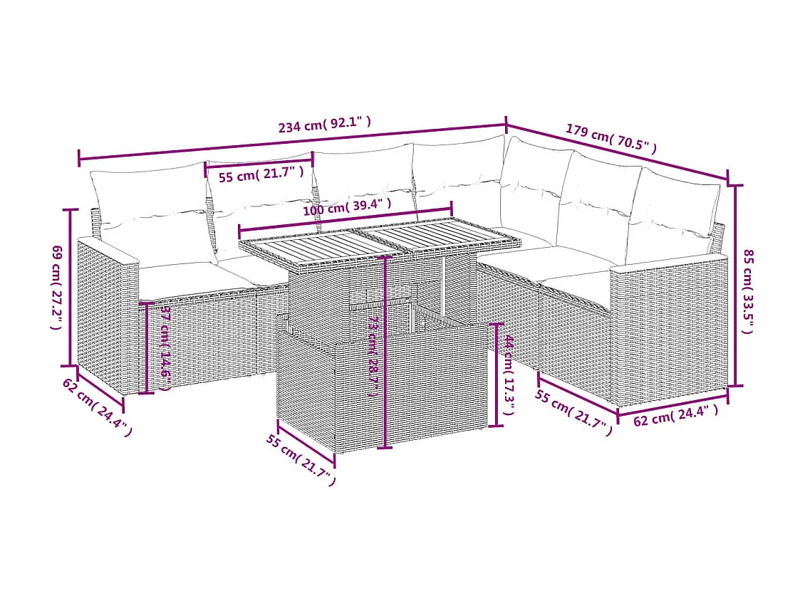 Salon de jardin avec coussins 7 pièces beige résine tressée
