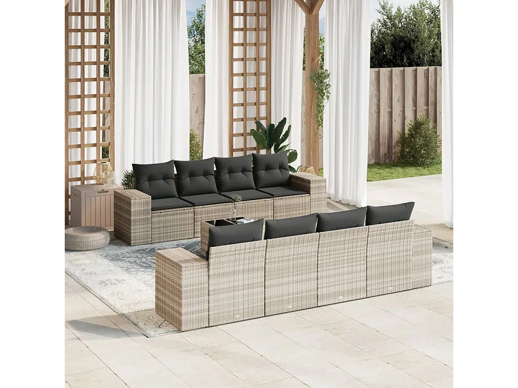 9-delige Loungeset met kussens poly rattan lichtgrijs