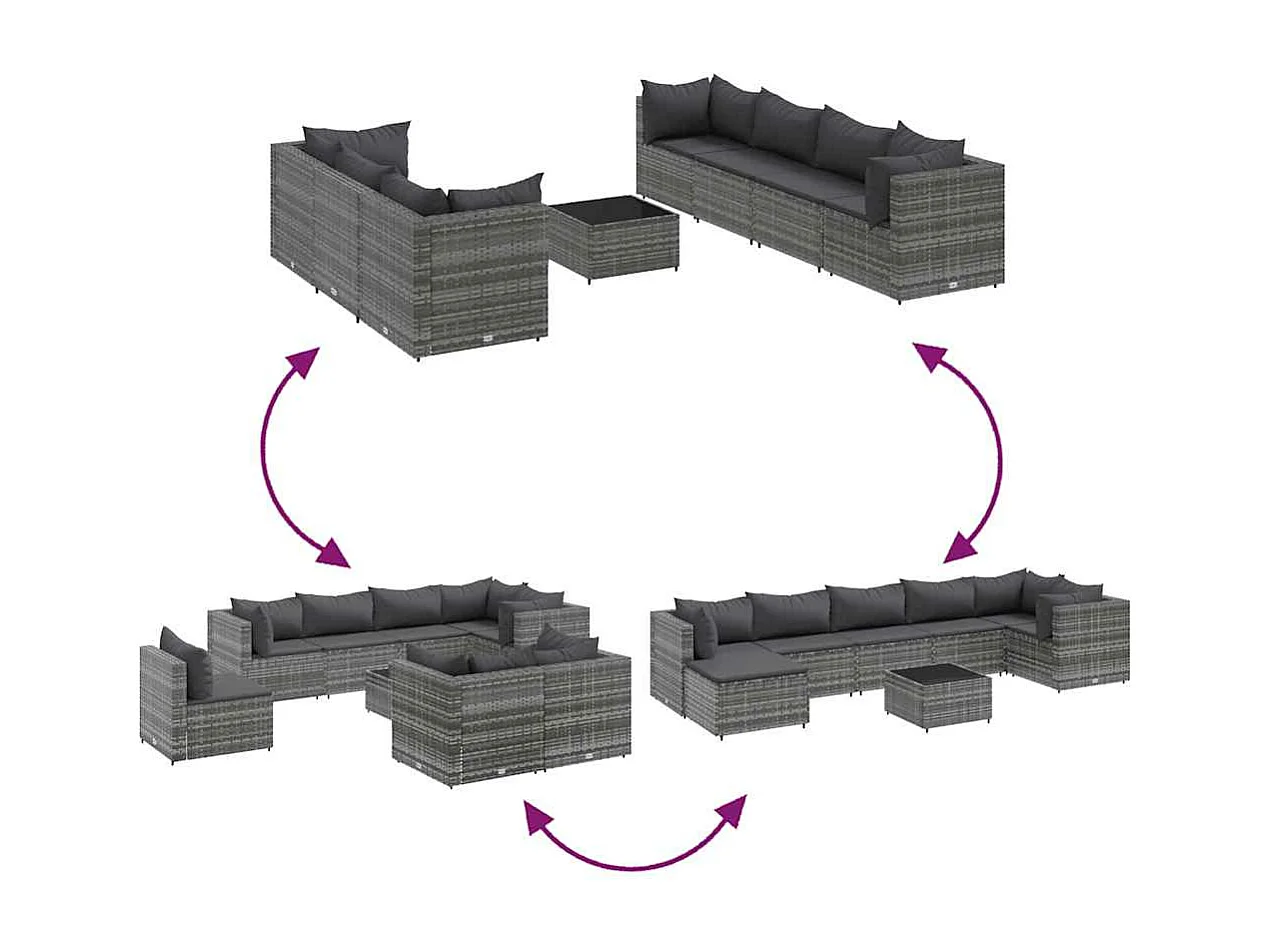 Salon de jardin 8 pièces avec coussins Gris Résine tressée