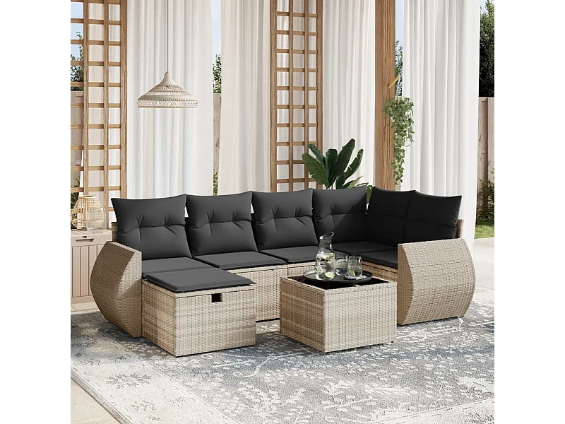 Salon de jardin avec coussins 7 pièces gris clair résine tressée