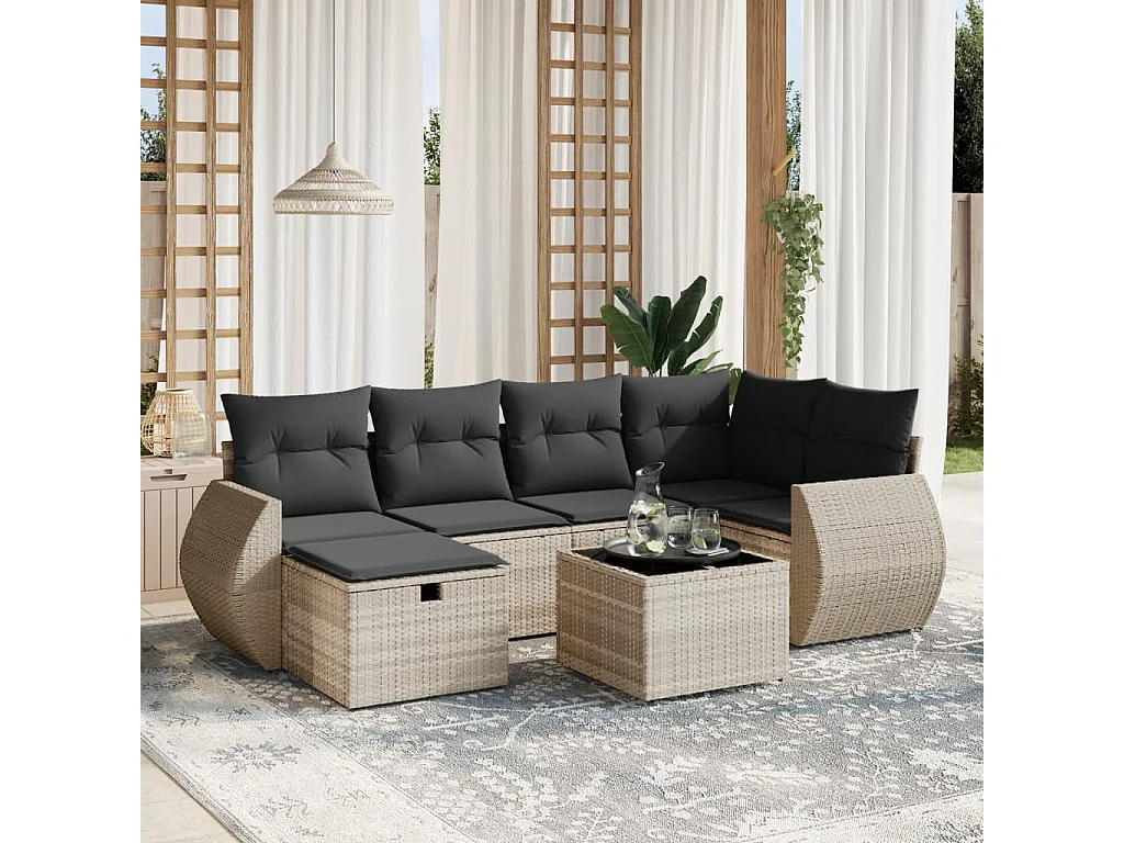 Salon de jardin avec coussins 7 pièces gris clair résine tressée