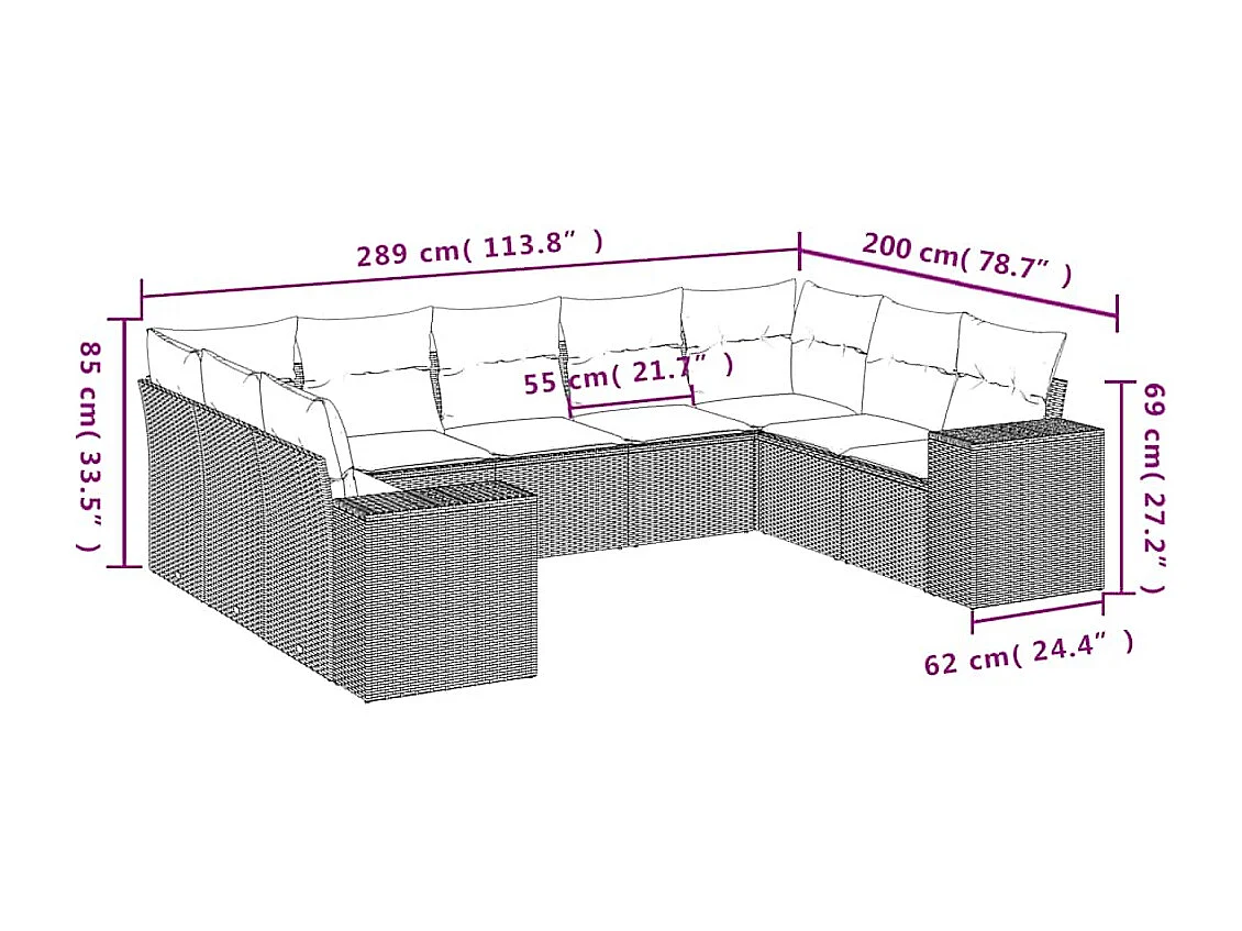 Salon de jardin 9 pièces avec coussins gris clair résine tressée