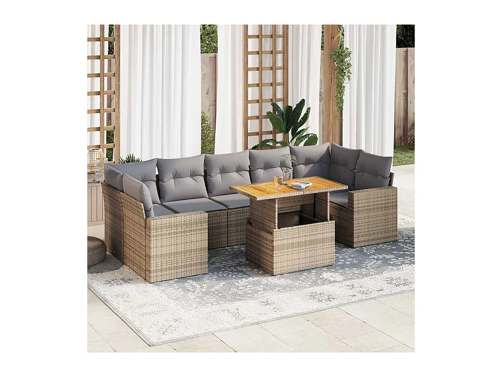 Salon de jardin avec coussins 8 pièces beige résine tressée