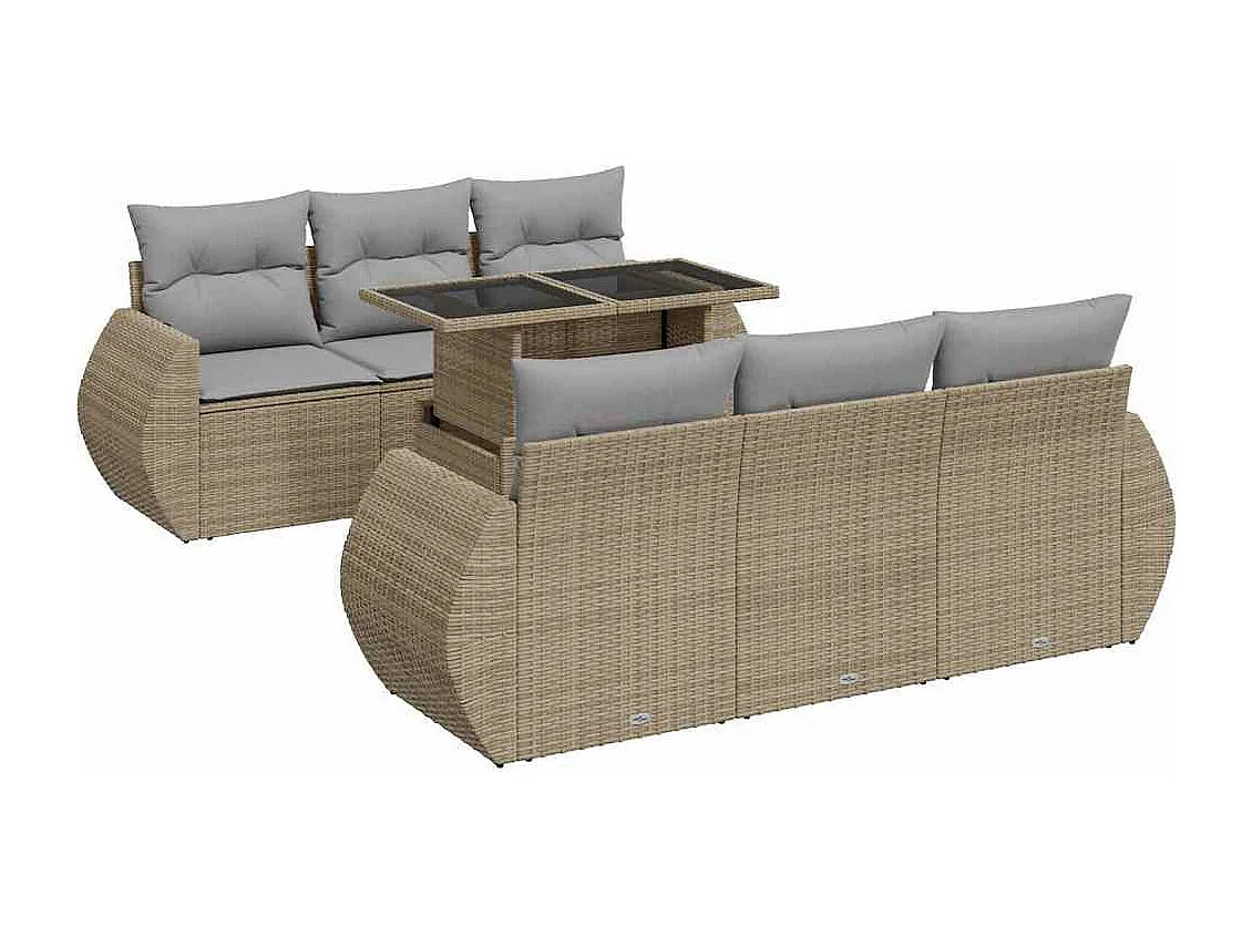 7-delige Loungeset met kussens poly rattan beige
