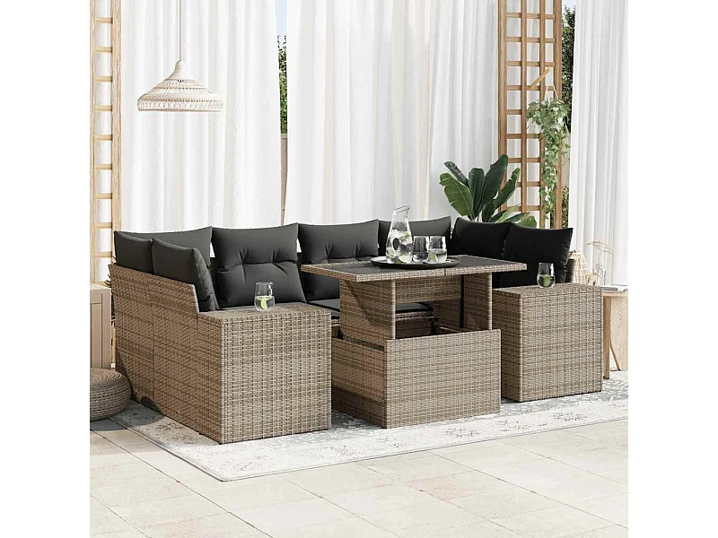 Salon de jardin avec coussins 7 pièces gris résine tressée