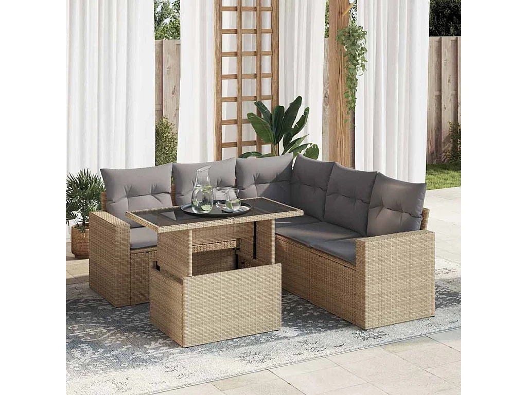 Salon de jardin avec coussins 6 pièces beige résine tressée