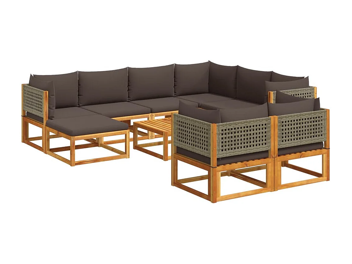 Salon de jardin avec coussins 10 pièces bois d'acacia solide