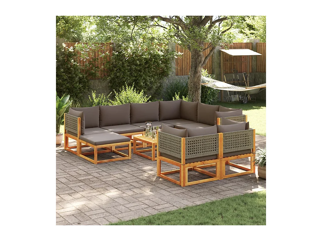 Salon de jardin avec coussins 10 pièces bois d'acacia solide