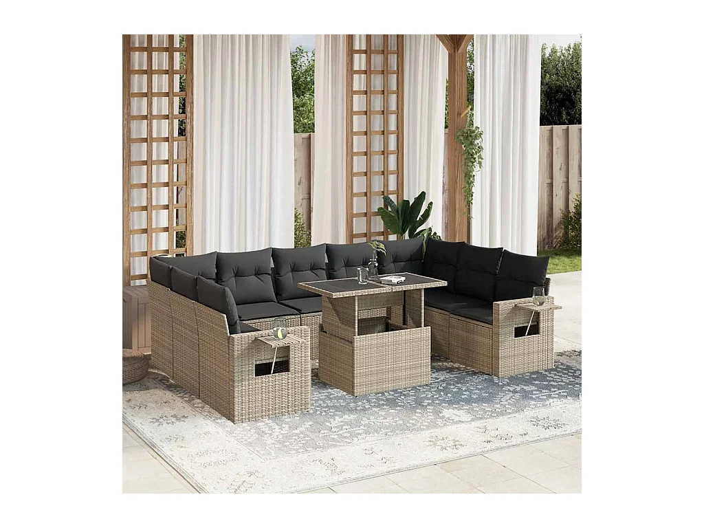Set sofás jardín 10 piezas con cojines ratán sintético gris claro