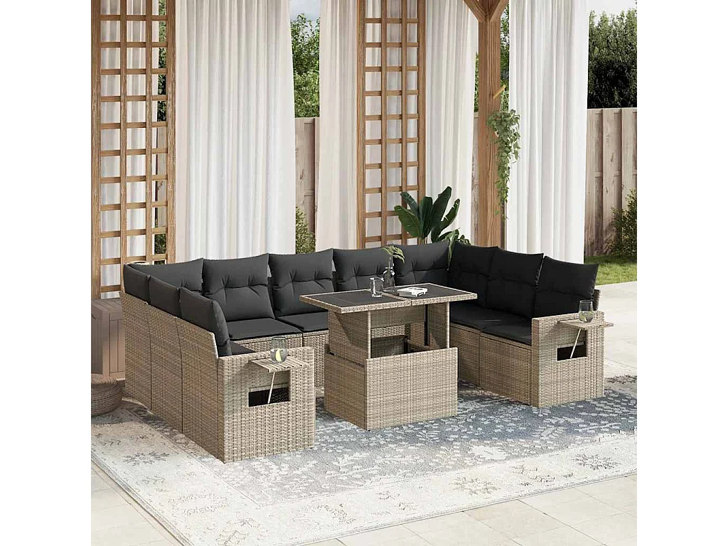 Salon de jardin avec coussins 10 pièces gris clair résine tressée