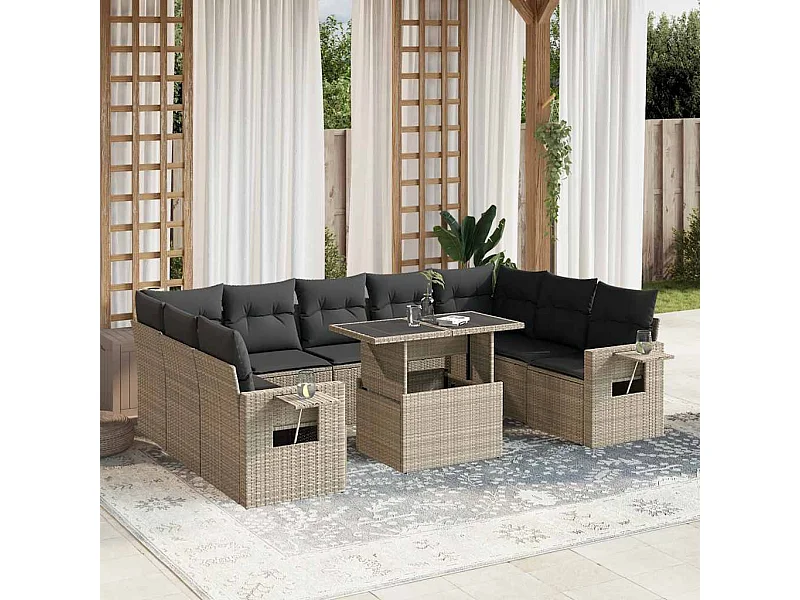 Salon de jardin avec coussins 10 pièces gris clair résine tressée