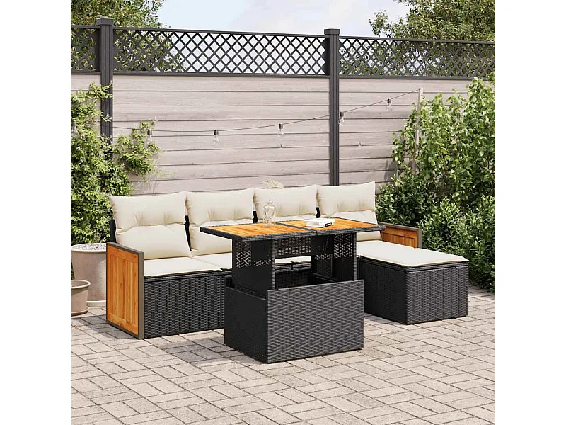 6-delige Loungeset met kussens poly rattan acacia zwart
