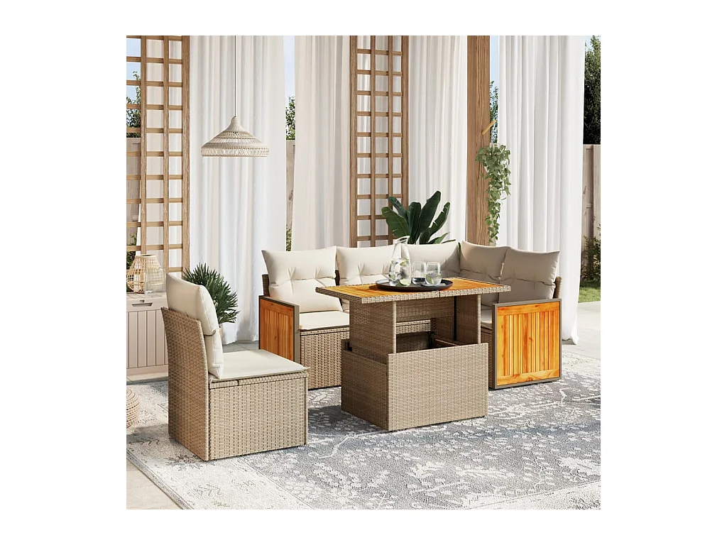 Salon de jardin avec coussins 6 pièces beige résine tressée