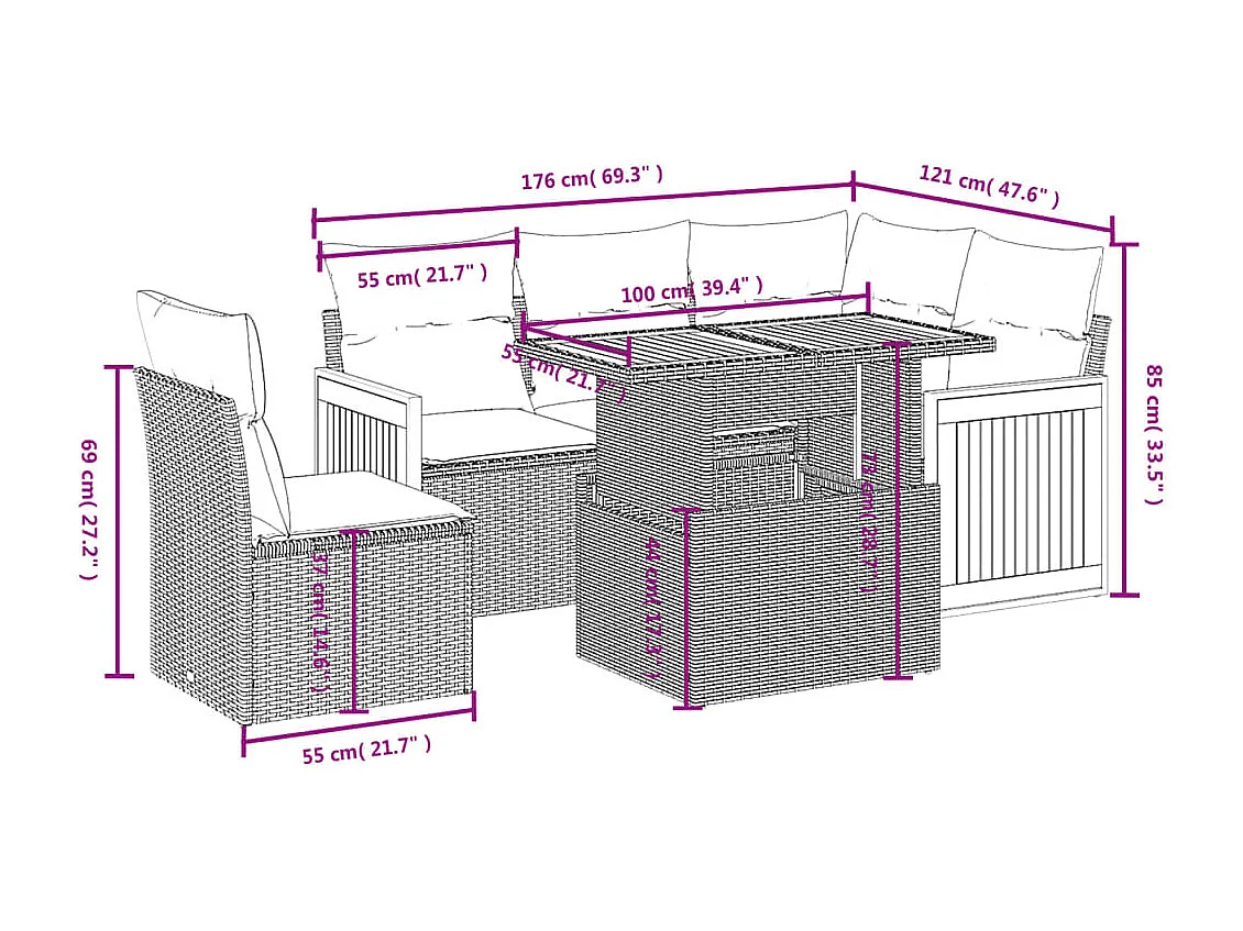6-delige Loungeset met kussens poly rattan beige