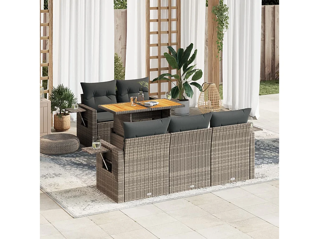 Set de muebles de jardín 6 piezas y cojines ratán sintético gris