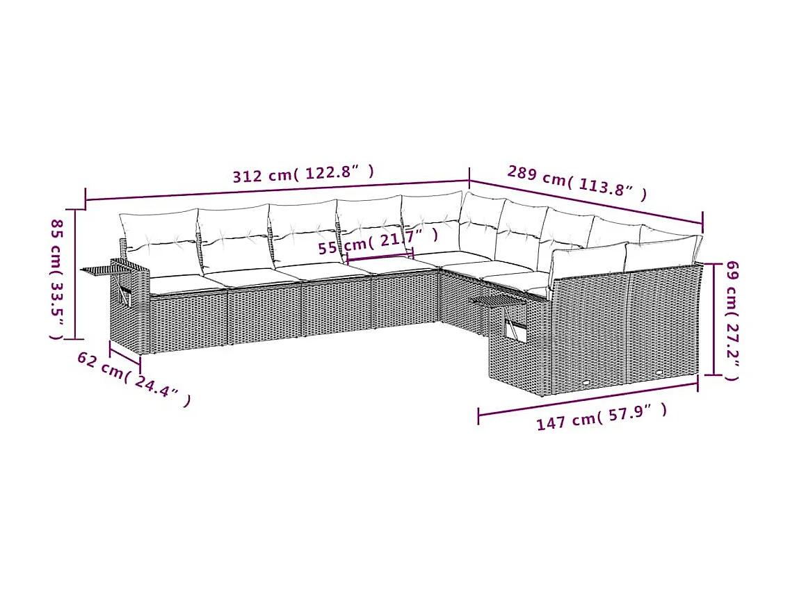 Set sofás jardín 10 piezas con cojines ratán sintético gris claro