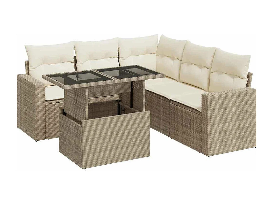 6-delige Loungeset met kussens poly rattan beige