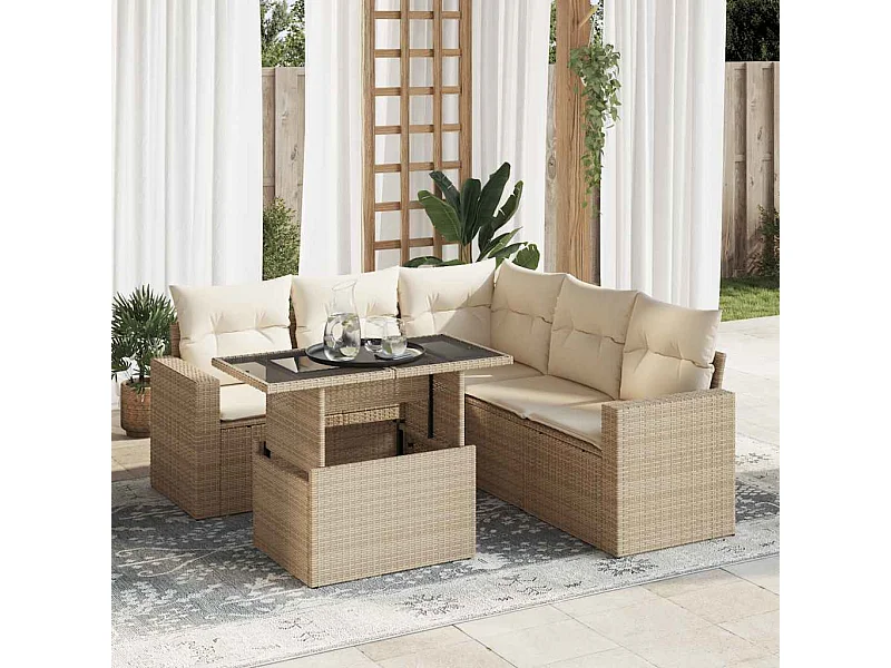 6-delige Loungeset met kussens poly rattan beige