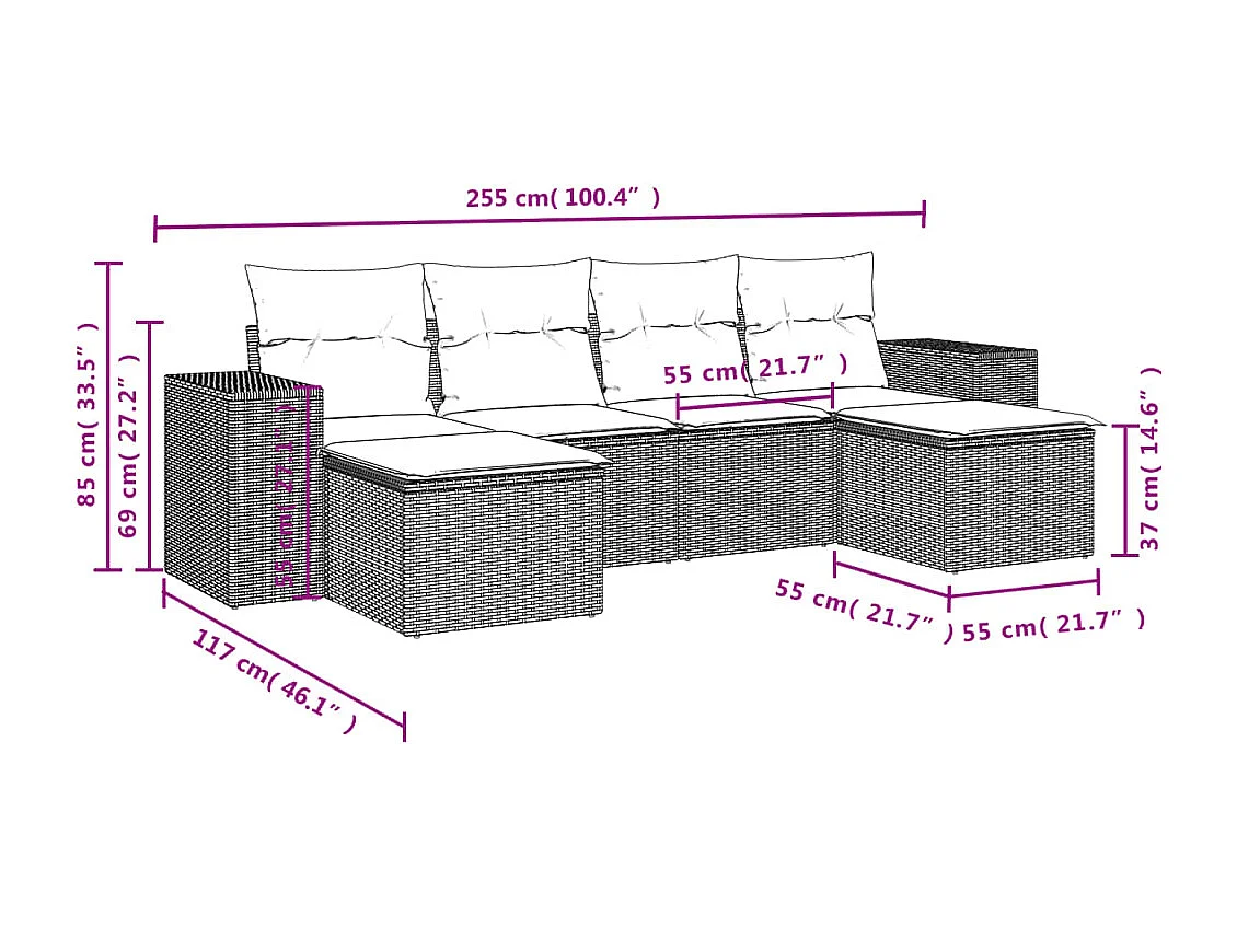 Set sofás de jardín 6 piezas y cojines ratán sintético marrón